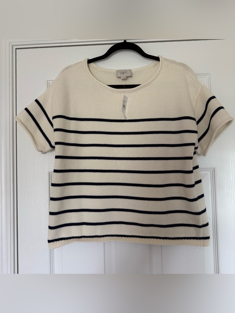 LOFT Cream Crewneck Short-Sleeve Striped Sweater NWT